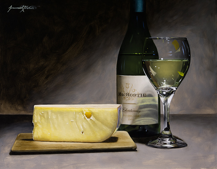 A still life painting of a gouda cheese next to a green MacRostie bottle and glass of white wine.