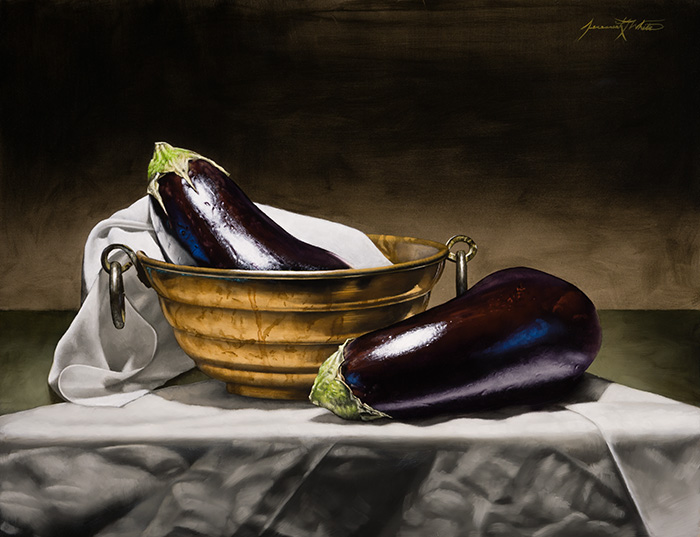 A still life painting of eggplants and an antique copper bowl.