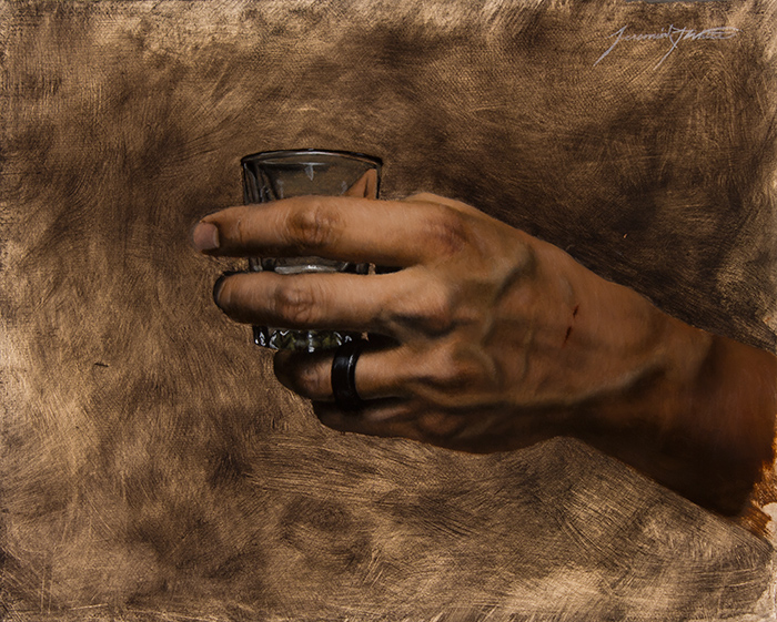 A small painting of the artist's left hand holding an empty shot glass. The artist is wearing black tungsten carbide wedding ring and there is a small wound on the back of his hand.