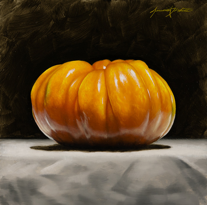 A still life painting of a large, red heirloom tomato on a white tablecloth.