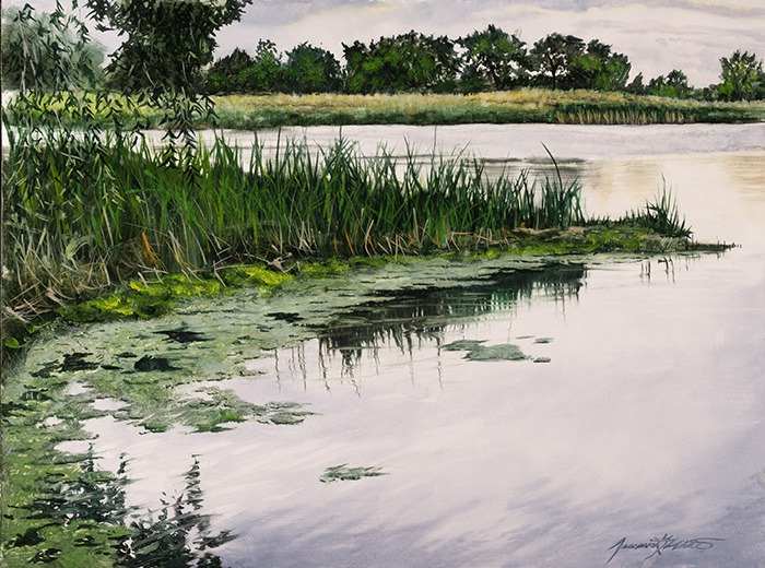 An alla prima landscape painting of Mann-Nyholt Lake at the Adams County Fairgrounds in Brighton, Colorado.