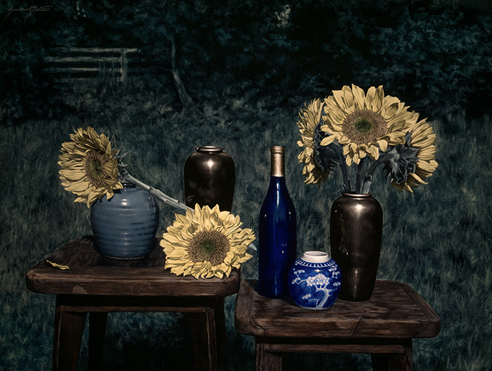 A night still life painting of sunflowers, a blue wine bottle, asian ceramic jar, and other jars during a blue moon.