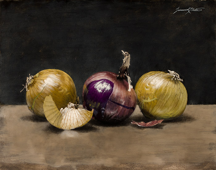 A painting of three onions in a still life style setting. There are two yellow onions and one purple onion in the middle. The onion skin is slightly peeled and you can see light passing through and reflecting off of them. This painting was featured in Southwest Art Magazine.