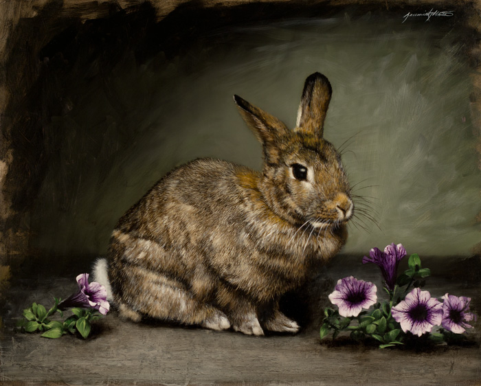 A portrait of Petunia, our agouti bunny. She is surrounded by purple petunias. This painting was featured in Southwest Art Magazine.