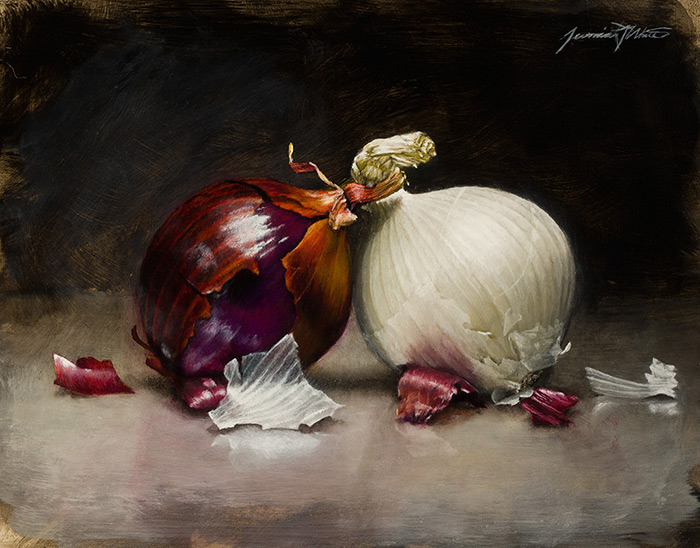 A still life painting of a purple and white onion showing outer layers peeling.