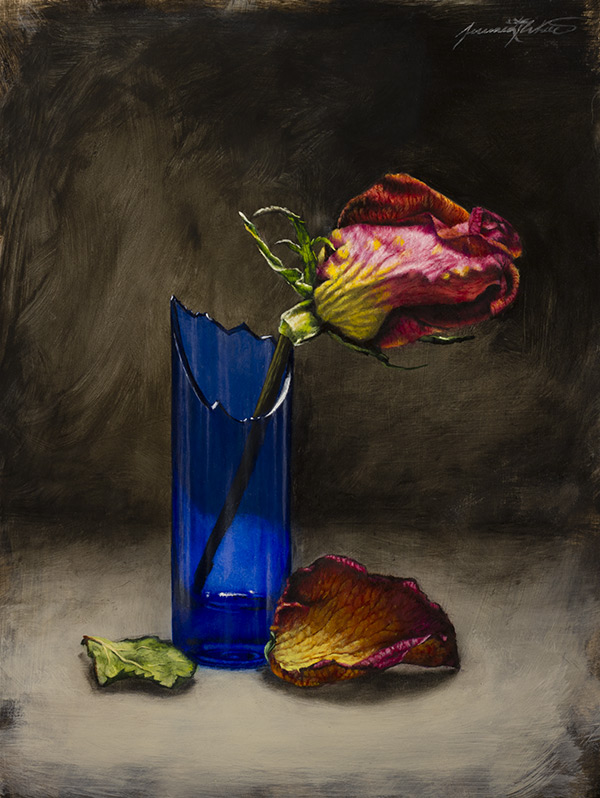 A still life painting of a dried rose in a broken cobalt blue vase. A petal and a leaf lie in front of the vase.