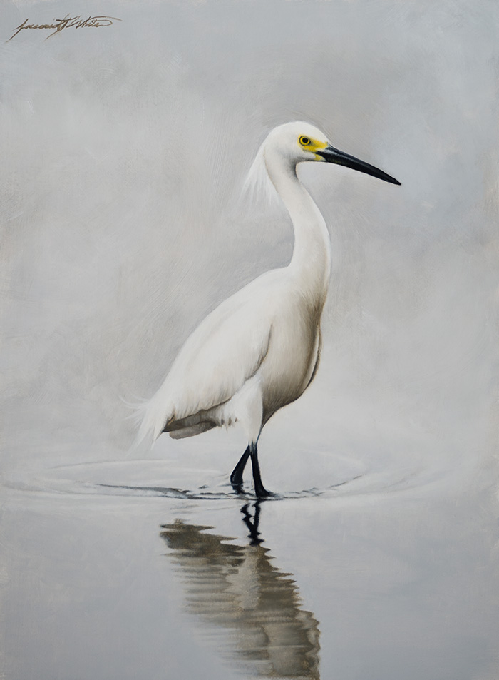 A painting of a snowy egret wading in the water on a rainy, cloudy day.