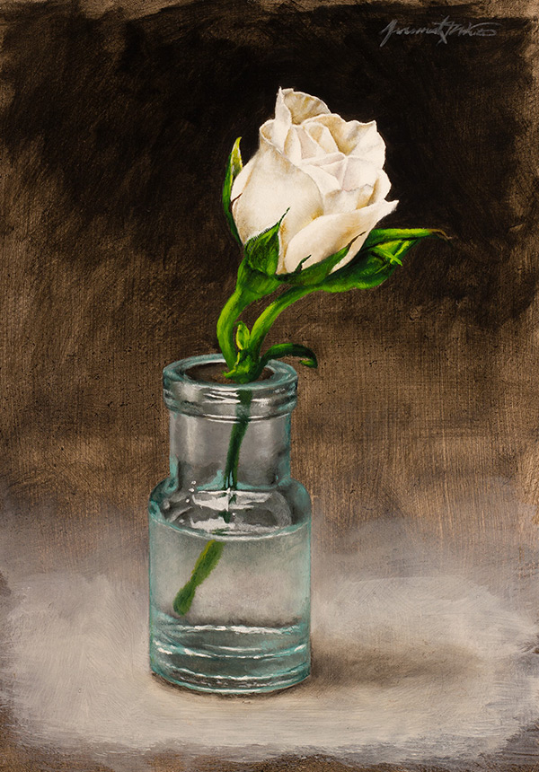 A still life painting of a tiny rose in a small antique bottle.