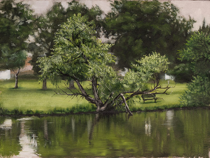 An alla prima landscape painting of a pond in a city park in Northglenn, CO.