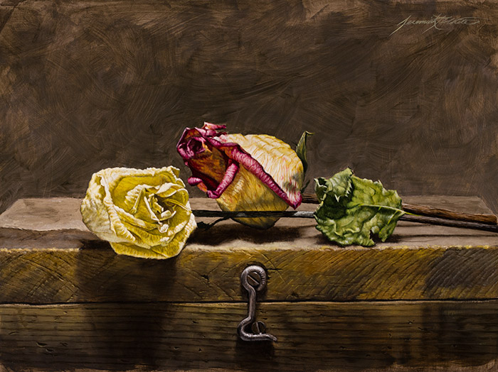 A still life oil painting with two dried roses on a handmade antique wooden art box.