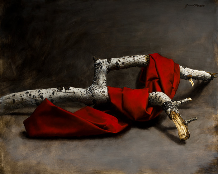 A still life painting of a red cloth draped over and intertwined with a broken white aspen branch. This painting was featured in Southwest Art Magazine.