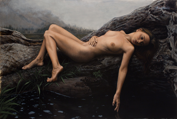 This figurative painting is of a young nude woman who is lying on a large dead tree next to a river or creek. She gazes peacefully into the dark black water while her finger barely touches the surface. It is a cloudy day and a storm appears to be approaching.